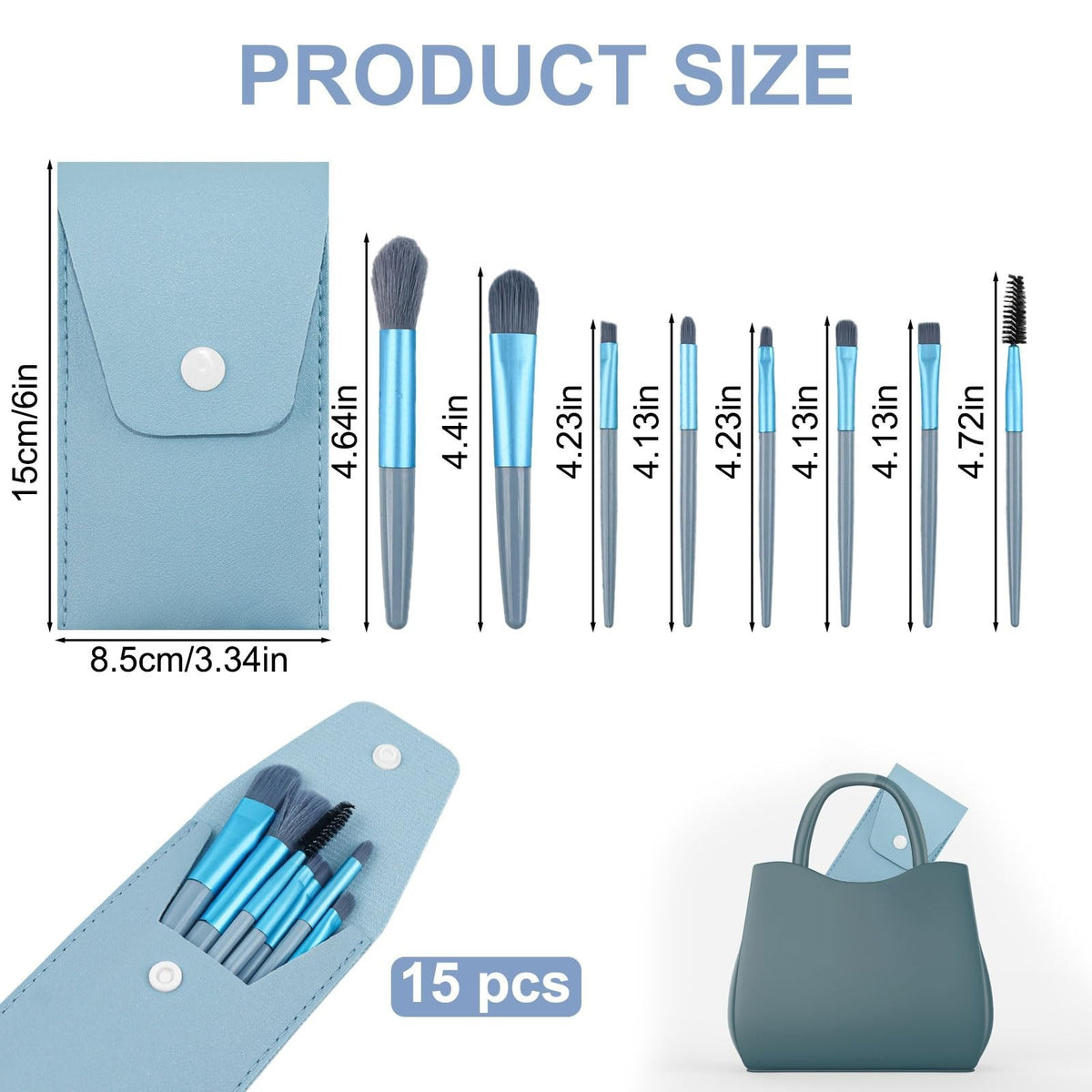 Travel Makeup Brush Set - 15 Mini Face Brushes with Bag, Light Blue