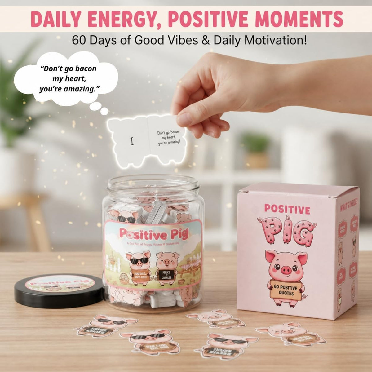 Pink Pig Jar with 60 Daily Affirmation Cards - Positive Motivation & Gift