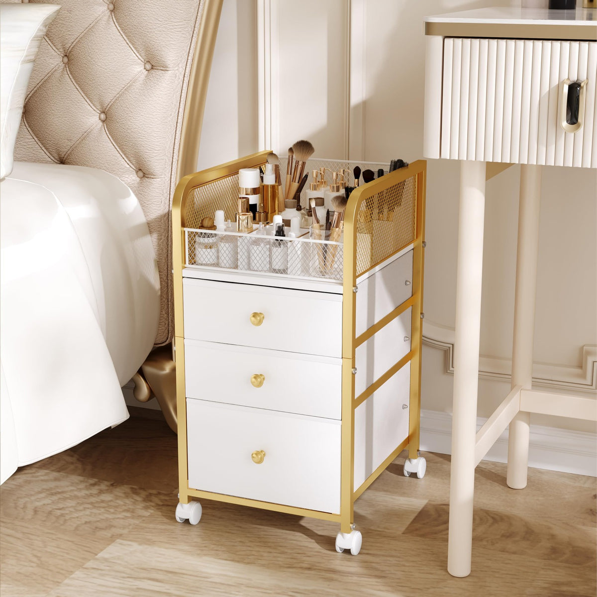 Rolling Makeup Organizer Cart with 3 Drawers – Under-Desk Gold