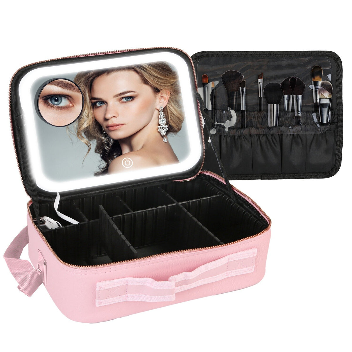Travel Makeup Bag with LED Mirror and Adjustable Compartments Organizer