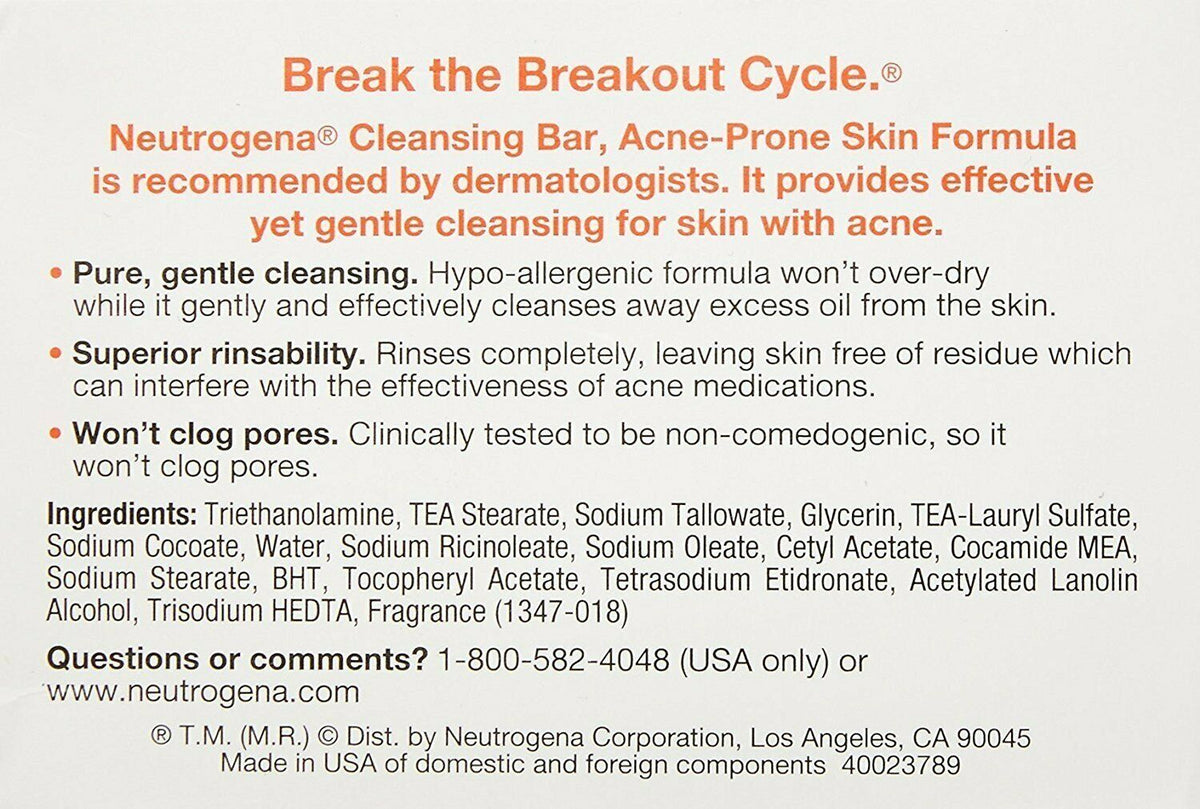 Neutrogena Acne Face Cleansing Bar Soap 3.5 oz Pack of 6 – Gentle, Hypoallergenic