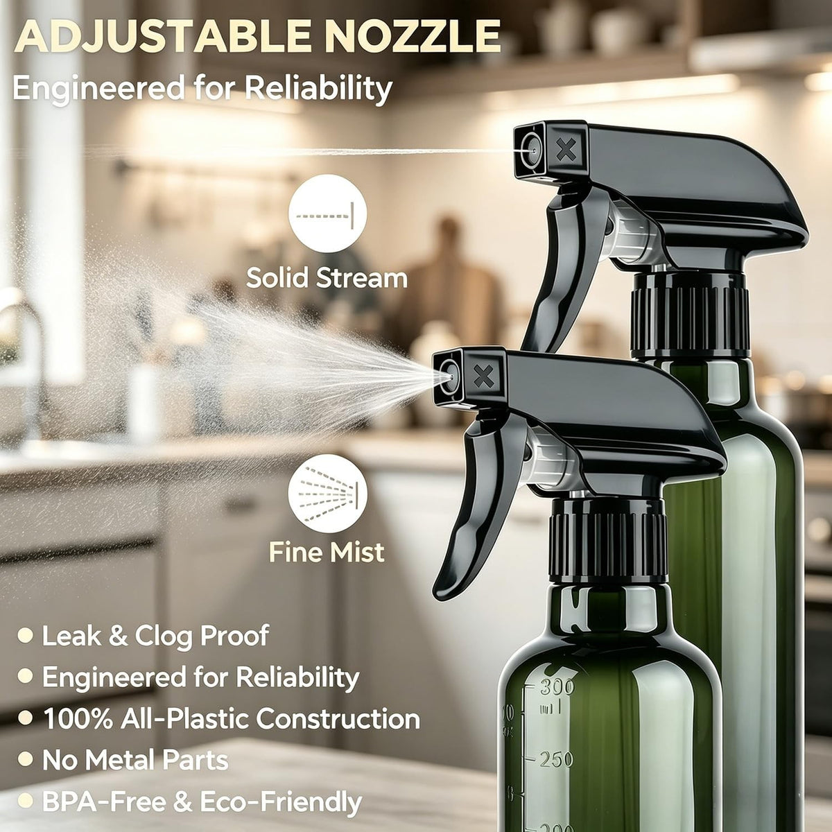 2 Pack 10 oz Plastic Spray Bottles with Adjustable Nozzle Leakproof for Home Garden Cleaning