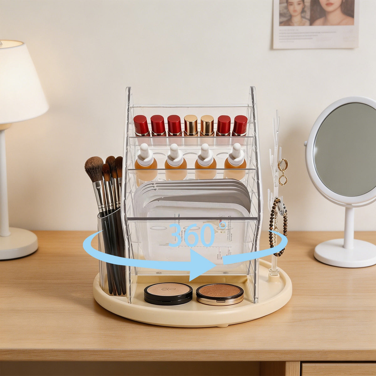 Multi-Compartment Rotating Makeup Organizer with Lipstick and Perfume Storage