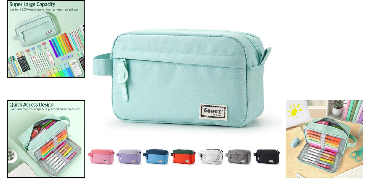 Large Mint Green Pencil Case with Handle, Multiple Compartments & Zipper