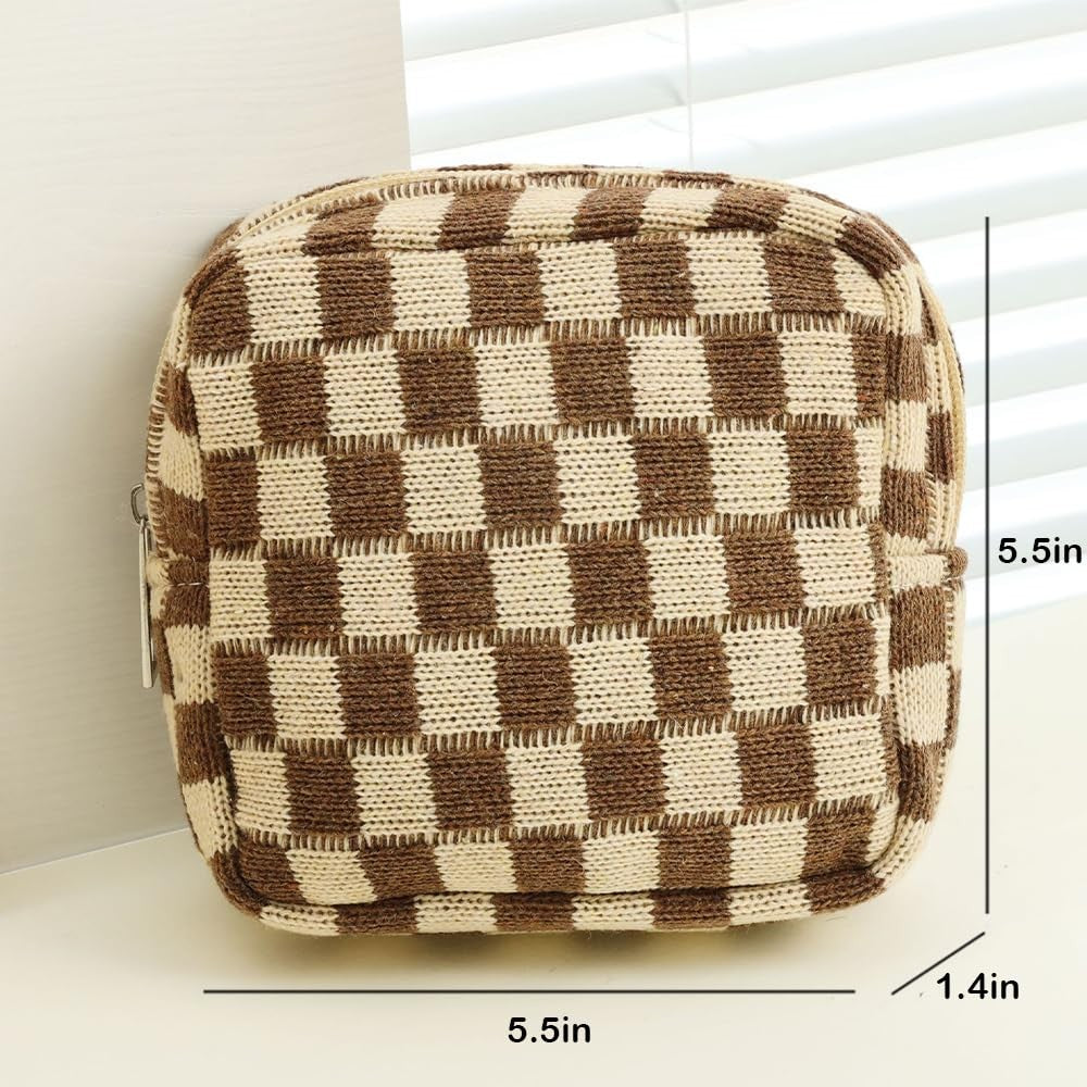 Mini Checkered Makeup Bag for Travel and Purse Storage - Cute Brown Cosmetic Pouch