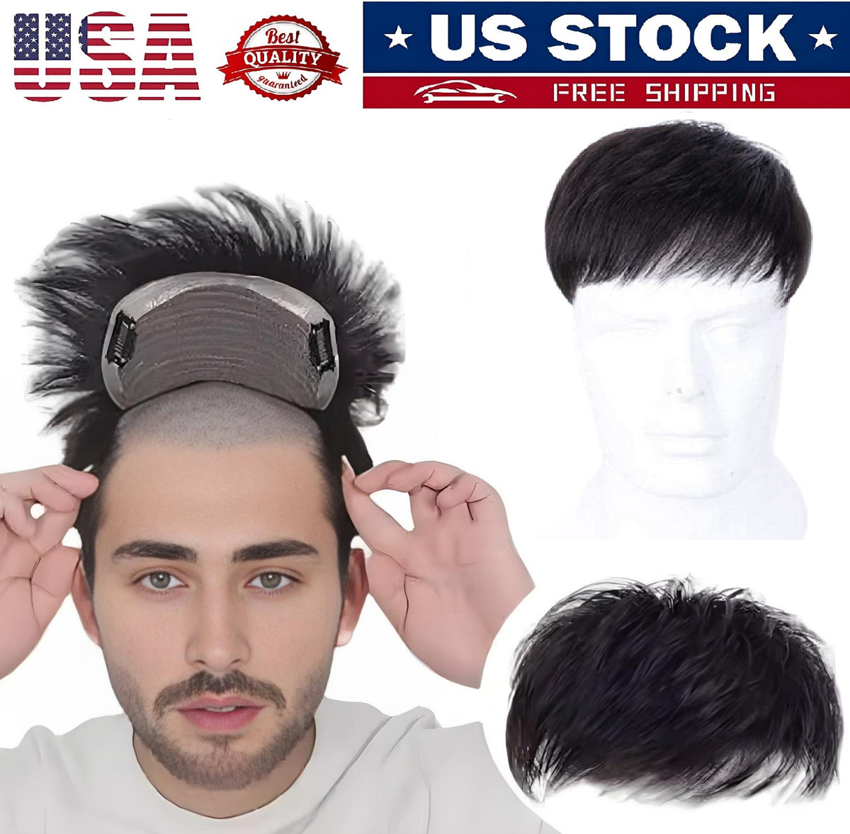 Men's Clip-On Short Straight Wig with Bangs - Discreet Hairpiece for Thinning Hair