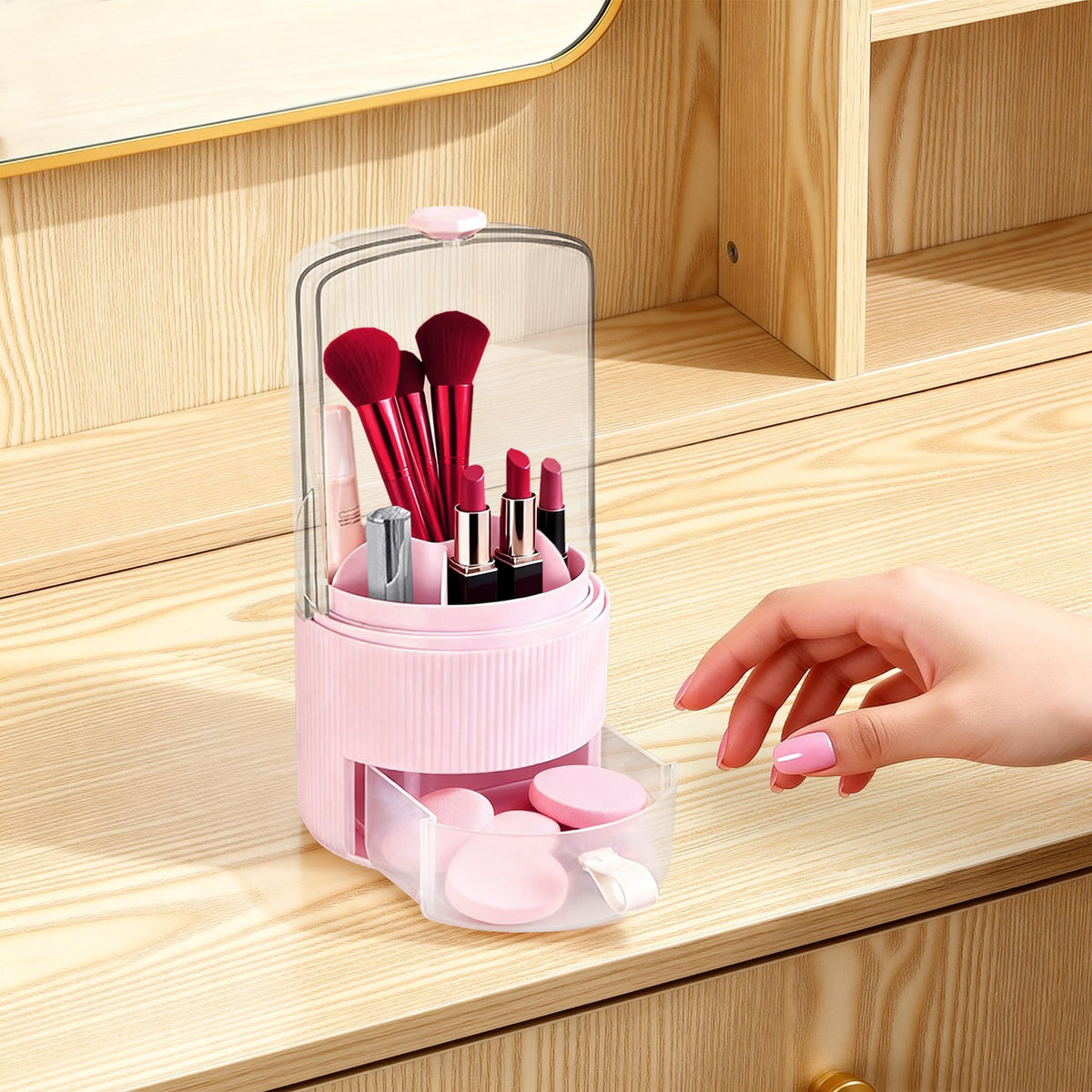 Pink Makeup Brush Organizer with Cover - Cosmetic Brush Storage Box