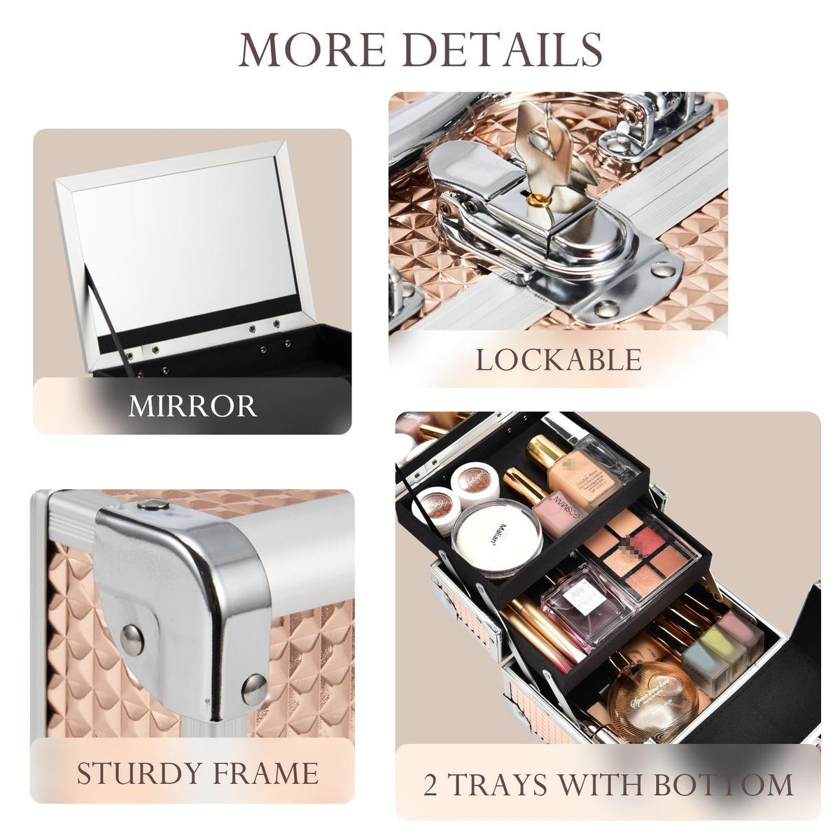 Rose Gold Makeup Organizer Case with Mirror Lockable Portable Storage