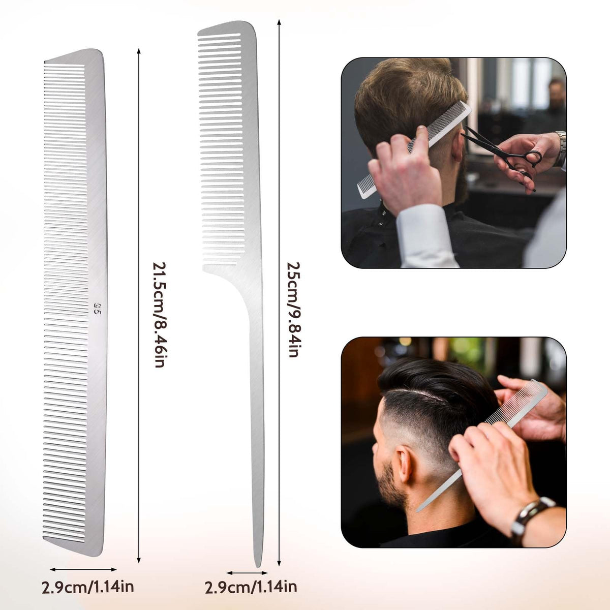 Stainless Steel Rat Tail Comb Set with Metal Pick and Small Flat Comb - Silver, 2 Pack