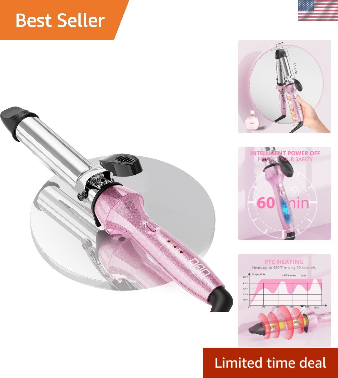 Dual Voltage Pink Curling Iron with Anti-Scald Safety Features - 450°F