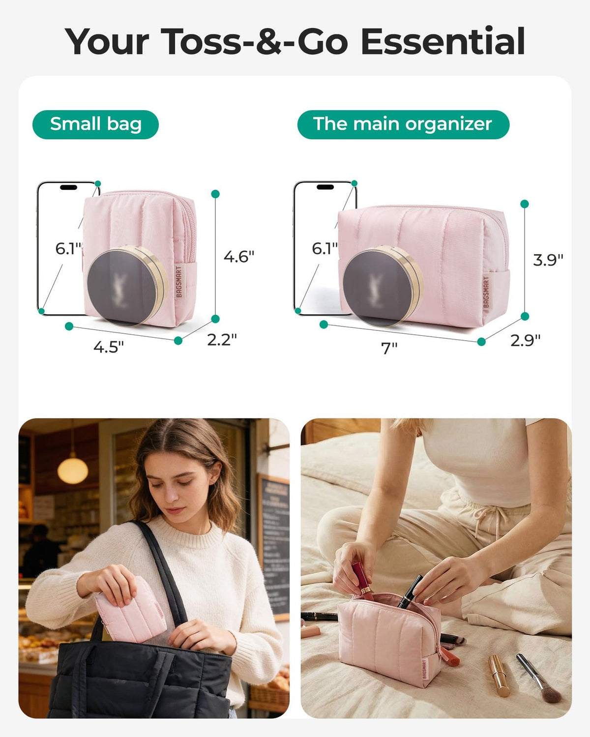 Travel Makeup Bag Duo - Large & Small Waterproof Padded Organizer for Women