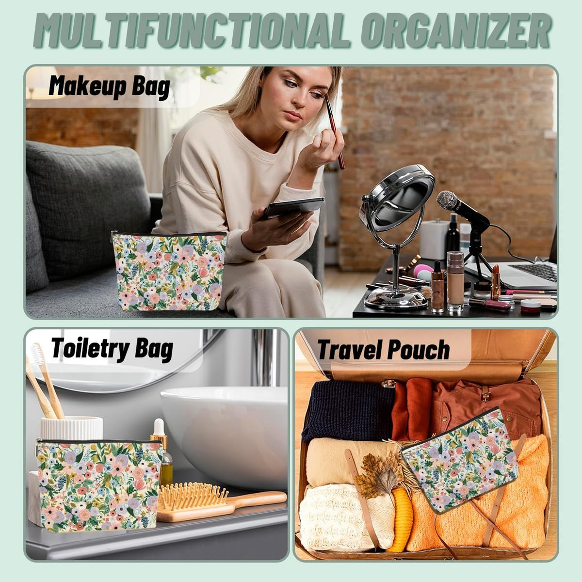 Retro Garden Rose Floral Makeup Bag - Cosmetic Travel Organizer for Women & Girls
