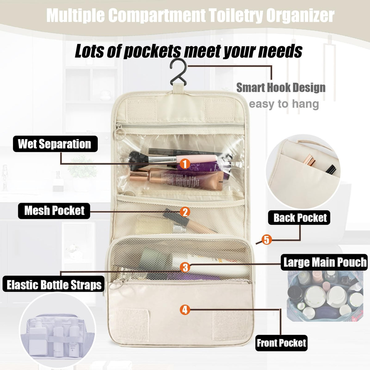 Travel Toiletry Bag Hanging Organizer for Women & Men Waterproof Cosmetic Case