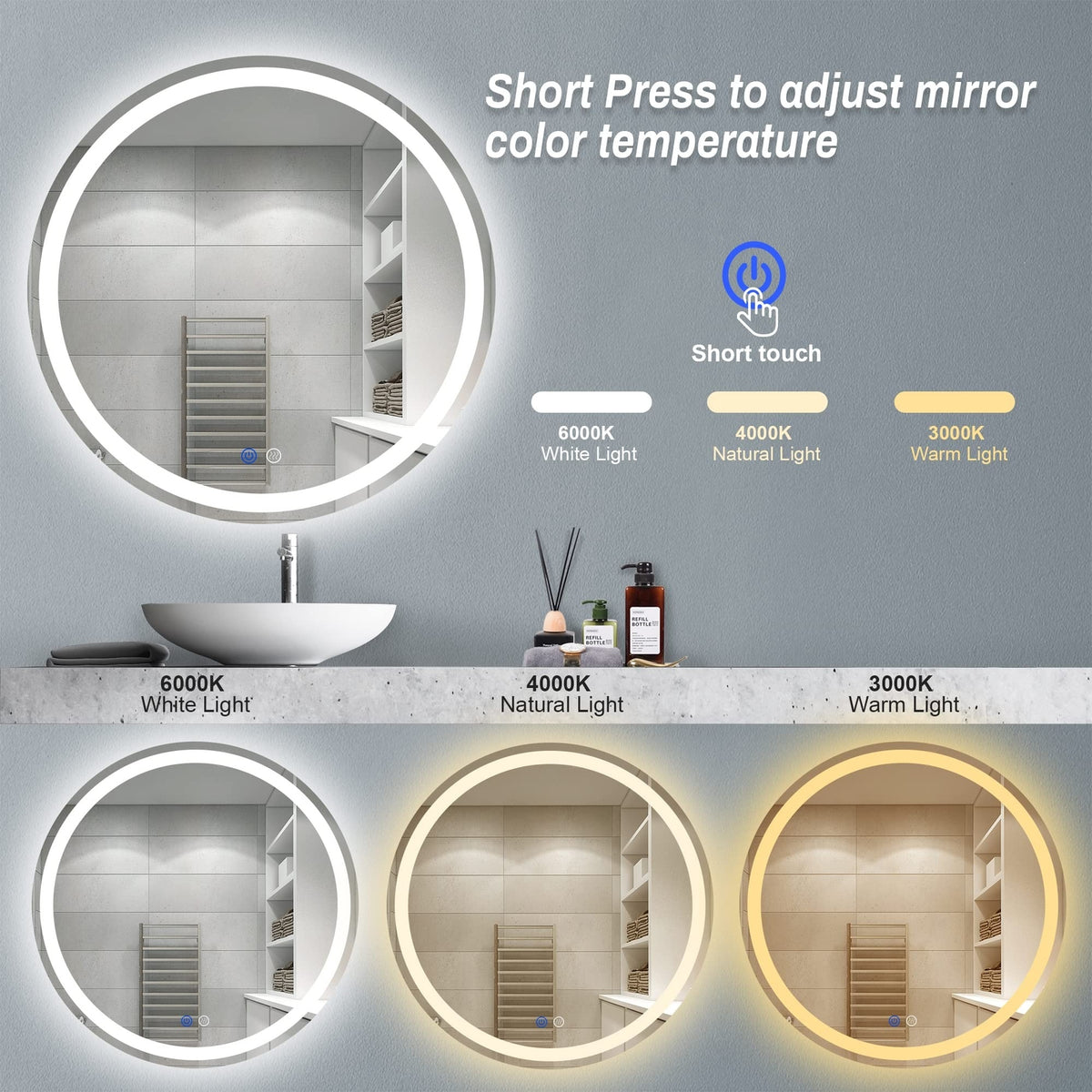 24-Inch LED Bathroom Mirror with Anti-Fog, Dimmable, 3 Color Temp, Memory