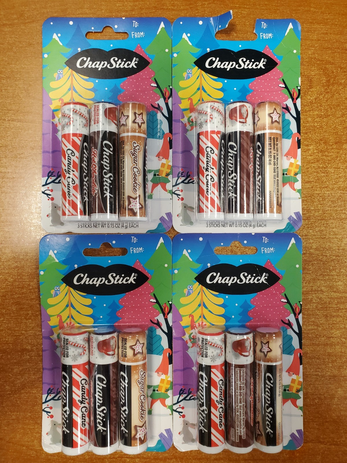 Holiday Lip Balm Set - Candy Cane, Hot Chocolate & Sugar Cookie Flavors - Pack of 4