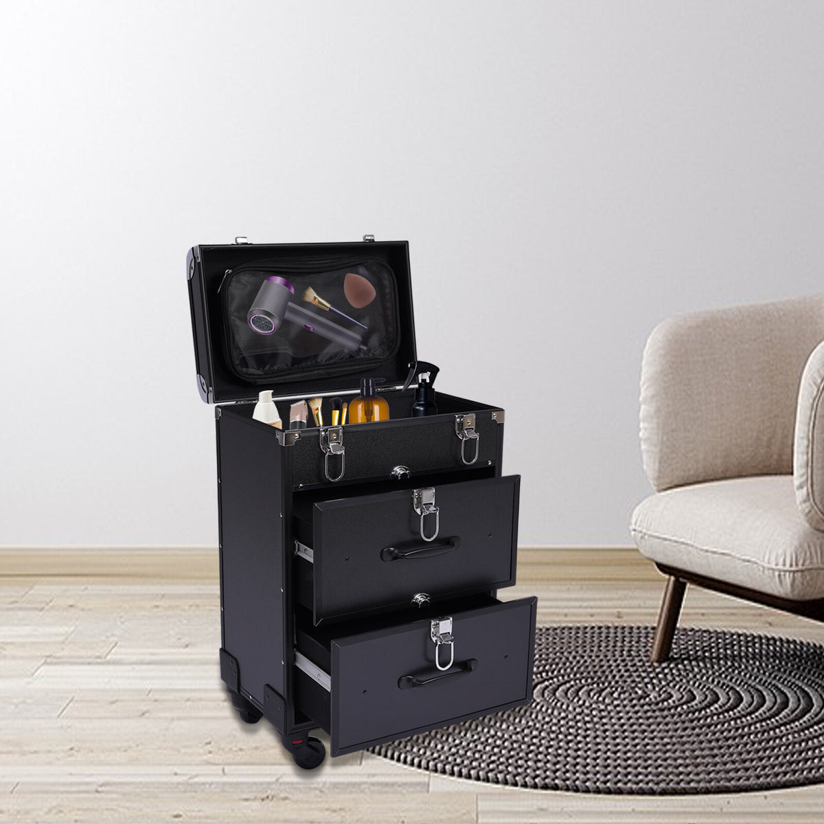Professional Rolling Makeup Train Case with Multi-Layer Storage and Durable Aluminum Frame