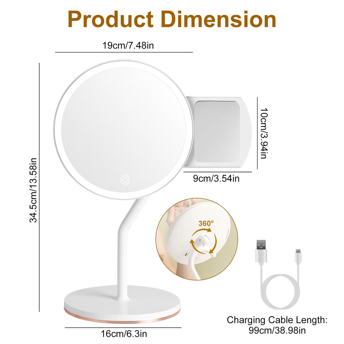 Dimmable 5X Lighted Makeup Mirror with 3 Light Colors & 360° Rotation