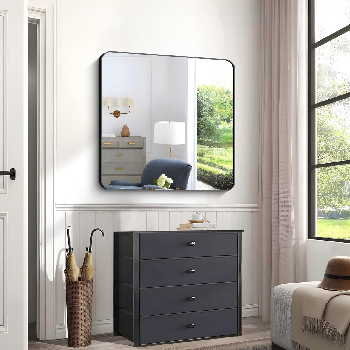 30x30 Inch Black Wall-Mounted Bathroom Mirror with Rounded Corners
