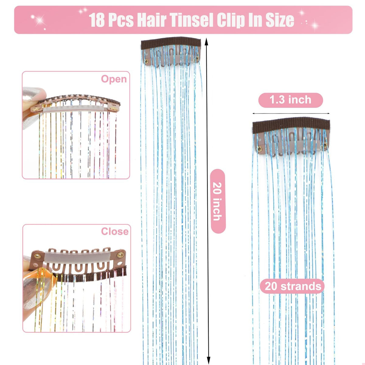 Sparkling Clip-In Hair Tinsel Extensions - Sky Blue, 20 Inch, 18 Pack