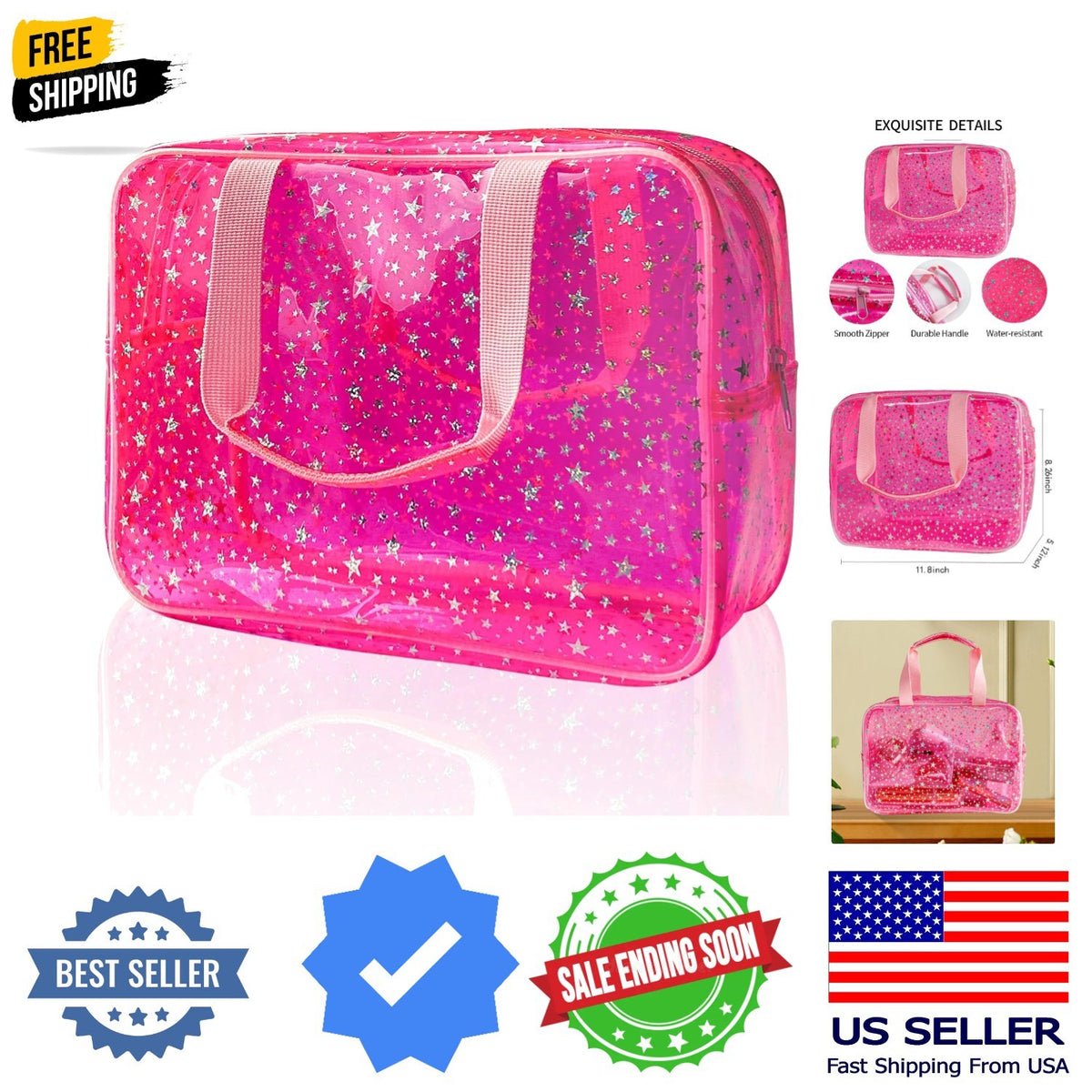 Large Pink Star Travel Cosmetic Bag with Handle, Waterproof Makeup Pouch