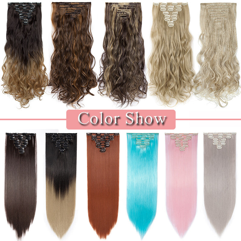 Clip-In Hair Extensions Full Head Ombre Highlight Synthetic Thick Hair 8-24 Inches