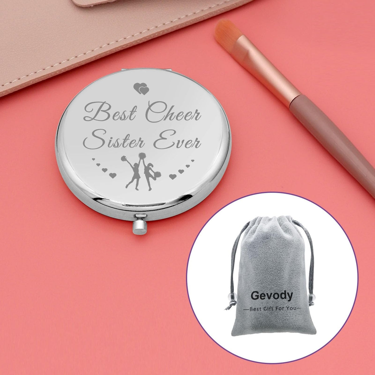 Compact Makeup Mirror with Cheer Sister Gift Engraving - Silver