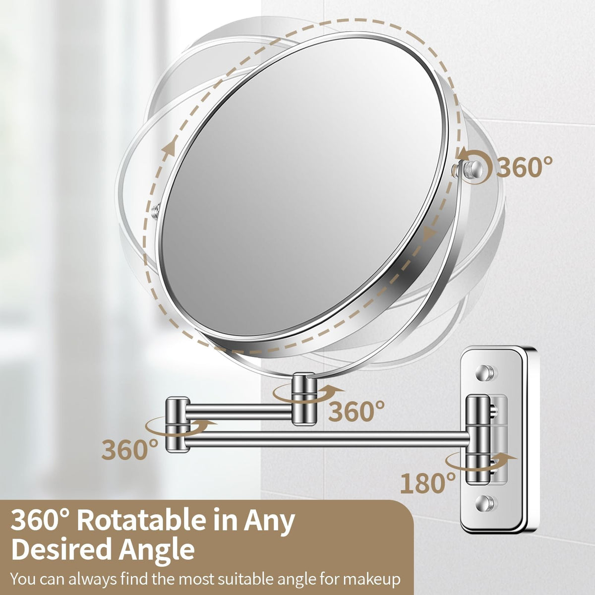 Large Wall Mounted Makeup Mirror 1X/7X Magnification, 9-Inch Chrome