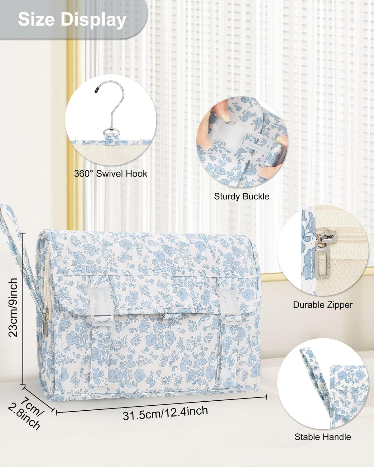 Travel Toiletry Bag with Hanging Hook - Waterproof Floral Organizer for Women & Men