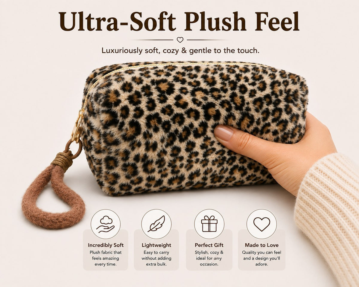 Leopard Plush Cosmetic Travel Toiletry Makeup Bag with Wristlet - Beige