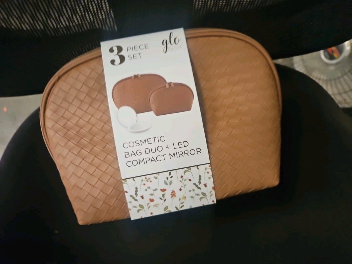 3-Piece Faux Leather Makeup Bags with Rechargeable LED Mirror - Brown