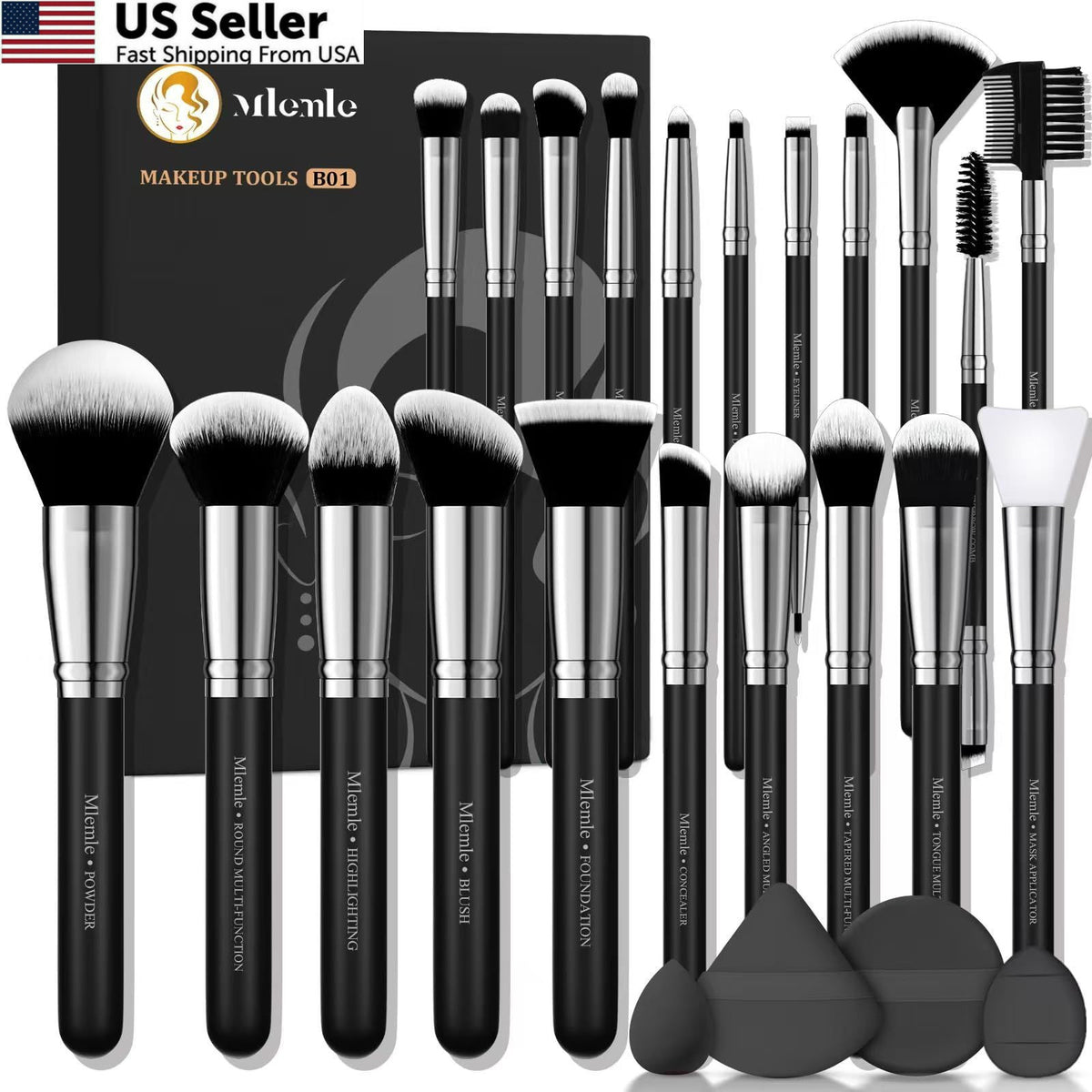 Professional 25-Piece Makeup Brush Set with Sponges and Puff - Black