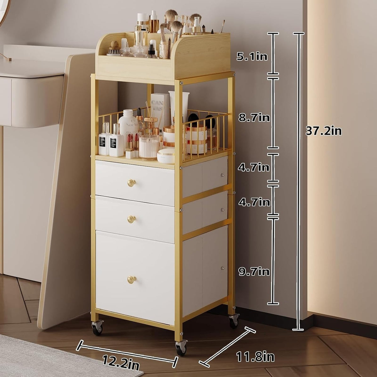 Gold Makeup Organizer Cart with 3 Drawers & Open Shelves for Vanity Storage