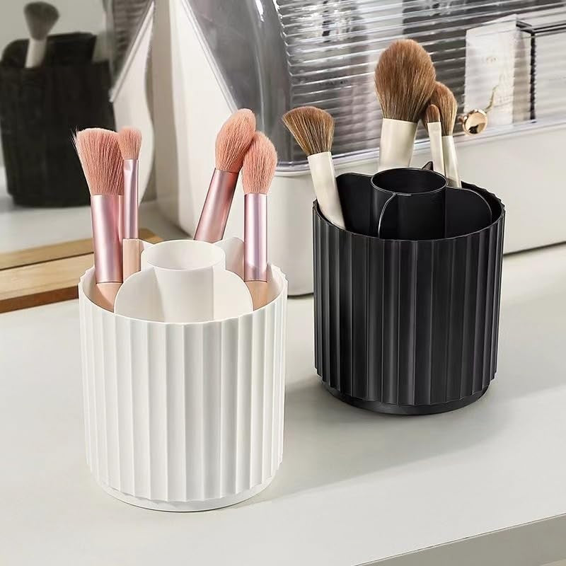 Rotatable Makeup Brush Holder Organizer with Lid - White, 4 Compartments