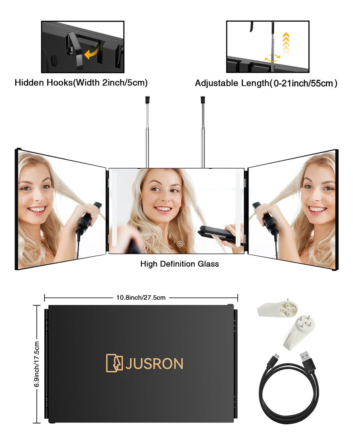 Self Hair Cutting Mirror with 360° View, Anti-Fog HD Glass, USB Rechargeable & Adjustable Height