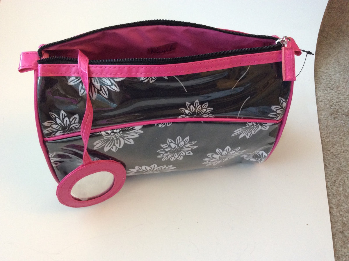 Makeup Bag with Mirror by Prevail White Flowers on Black Pink Trim