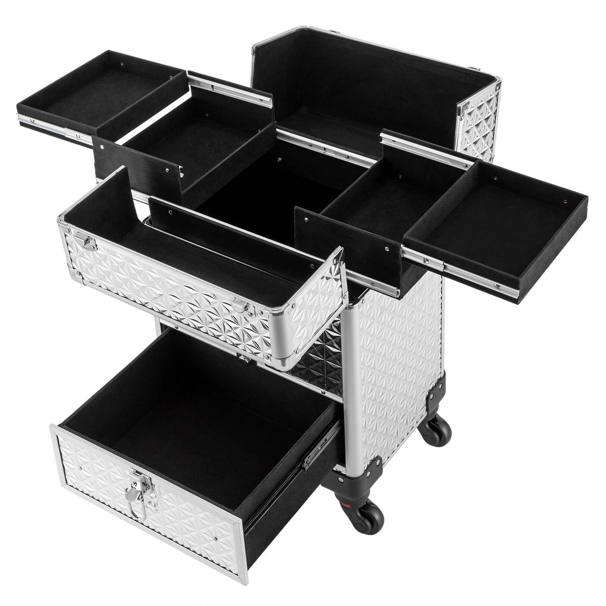 Rolling Makeup Train Case with 7 Compartments and 4 Wheels Cosmetic Storage Trolley
