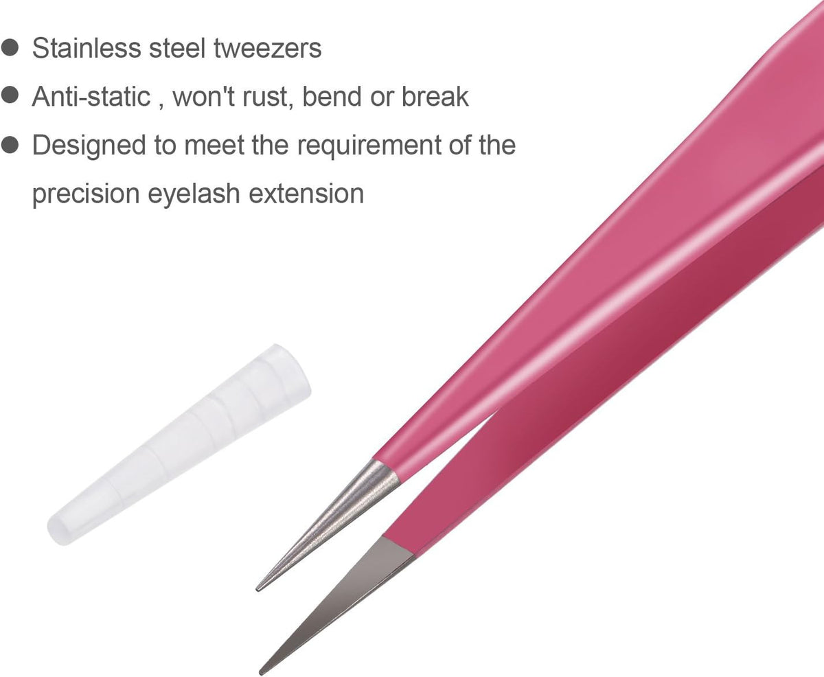 Pink Eyelash Extension Tweezers Set with Cloth Bag - Stainless Steel, 3 Pieces
