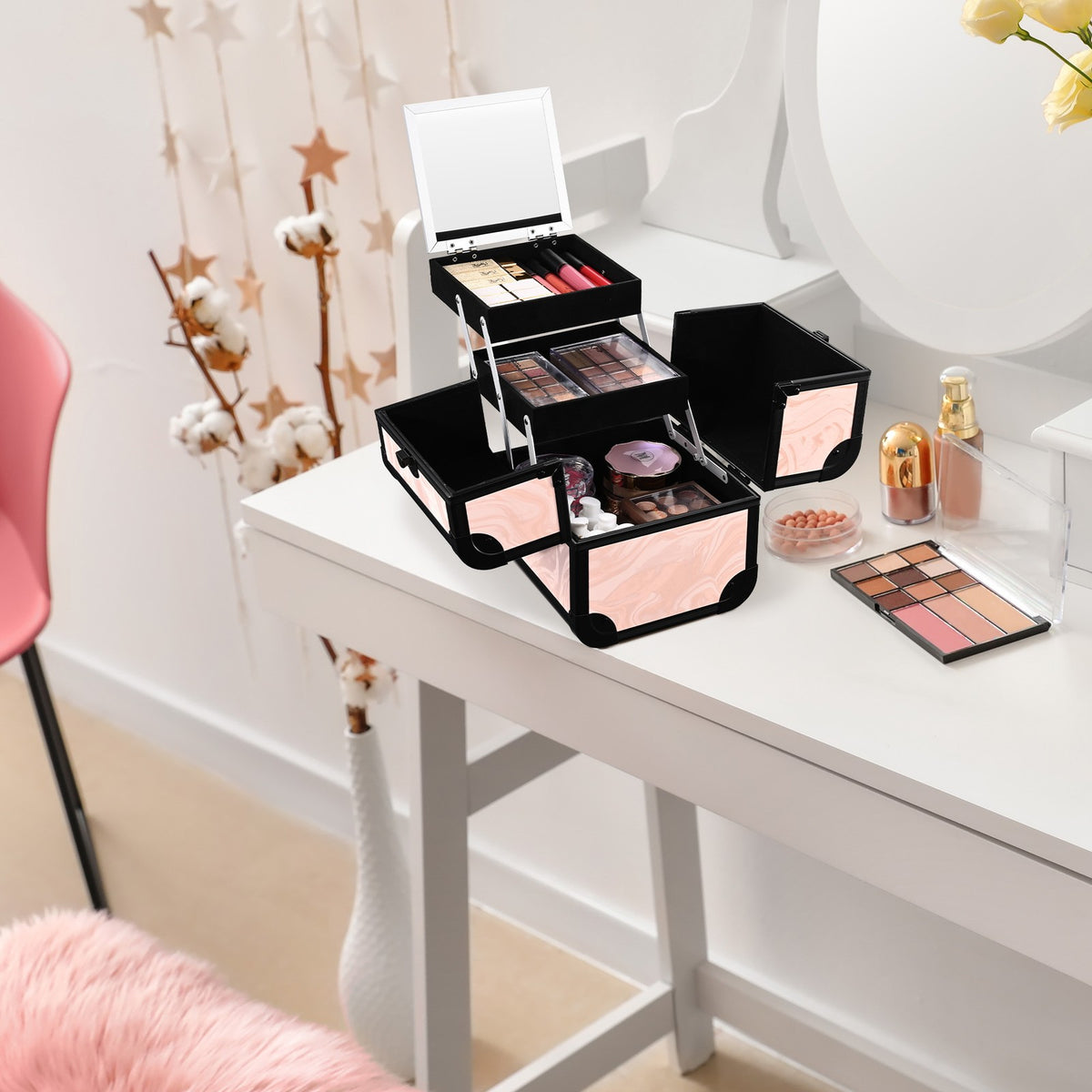 Makeup Train Case Organizer with Mirror & Extendable Trays - Pink Wavy Pattern