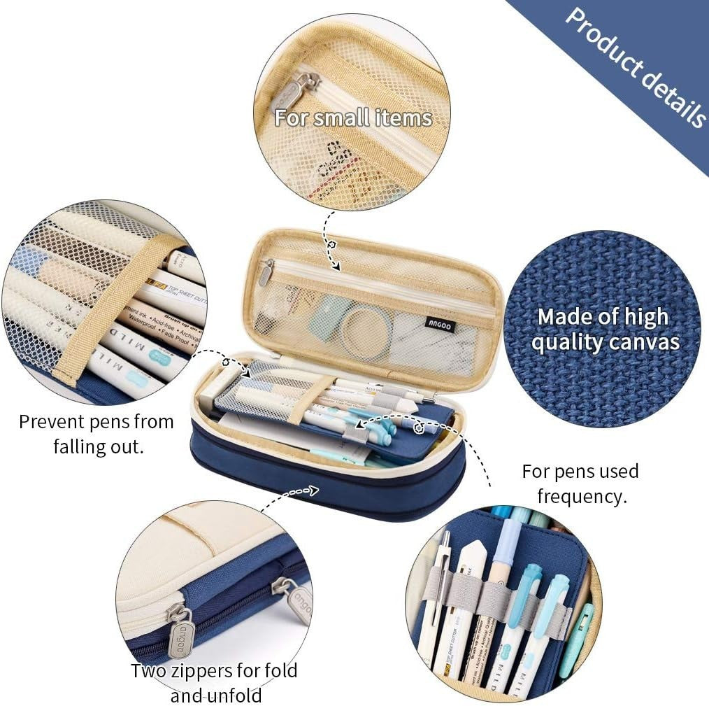 Multi-Function Blue Pen Case with 3 Compartments Travel Organizer