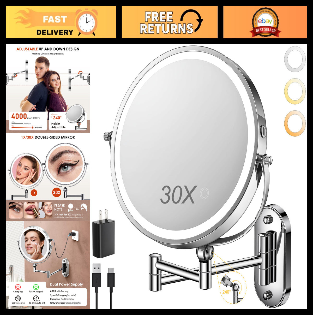 9-Inch Wall Mounted Lighted Makeup Mirror - Rechargeable 1X/30X Magnification with Touch Control