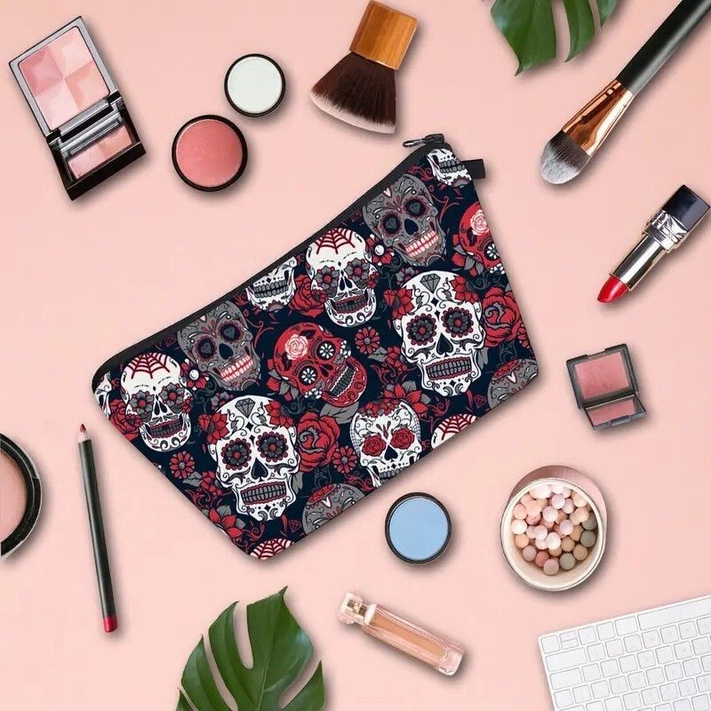 Skull Dia De Los Muertos Print Makeup Bag - Travel Essential Accessories