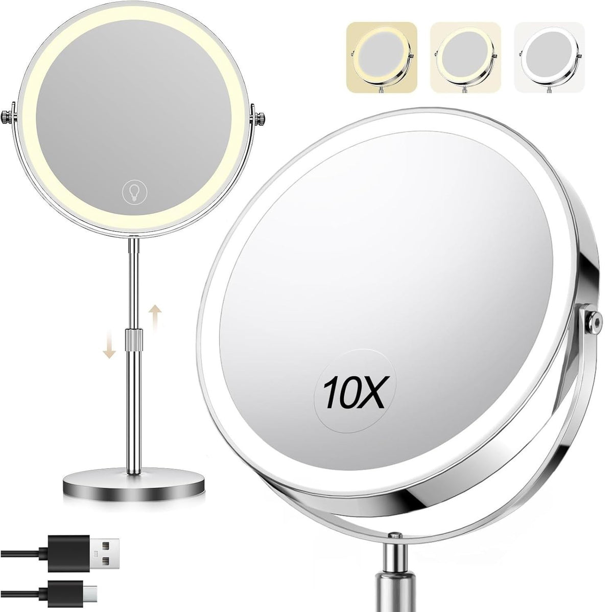 Rechargeable 8.5-Inch Lighted Makeup Mirror with 10X Magnification & 3 Color Lighting