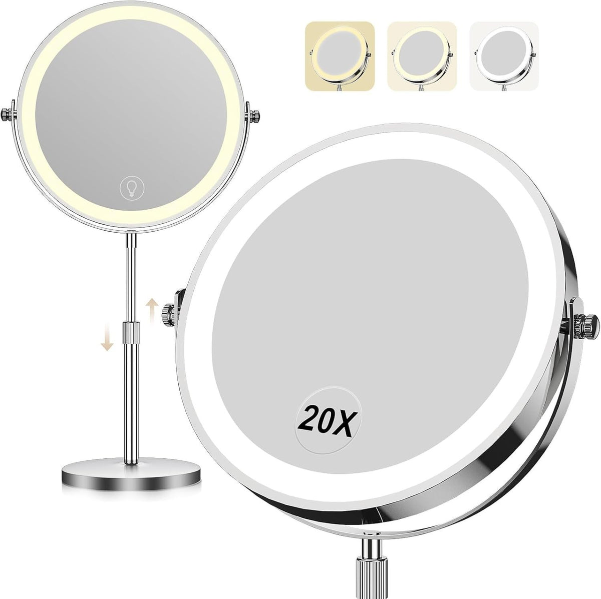 Lighted Makeup Mirror with 1X/20X Magnification, 360° Rotation, Rechargeable LED