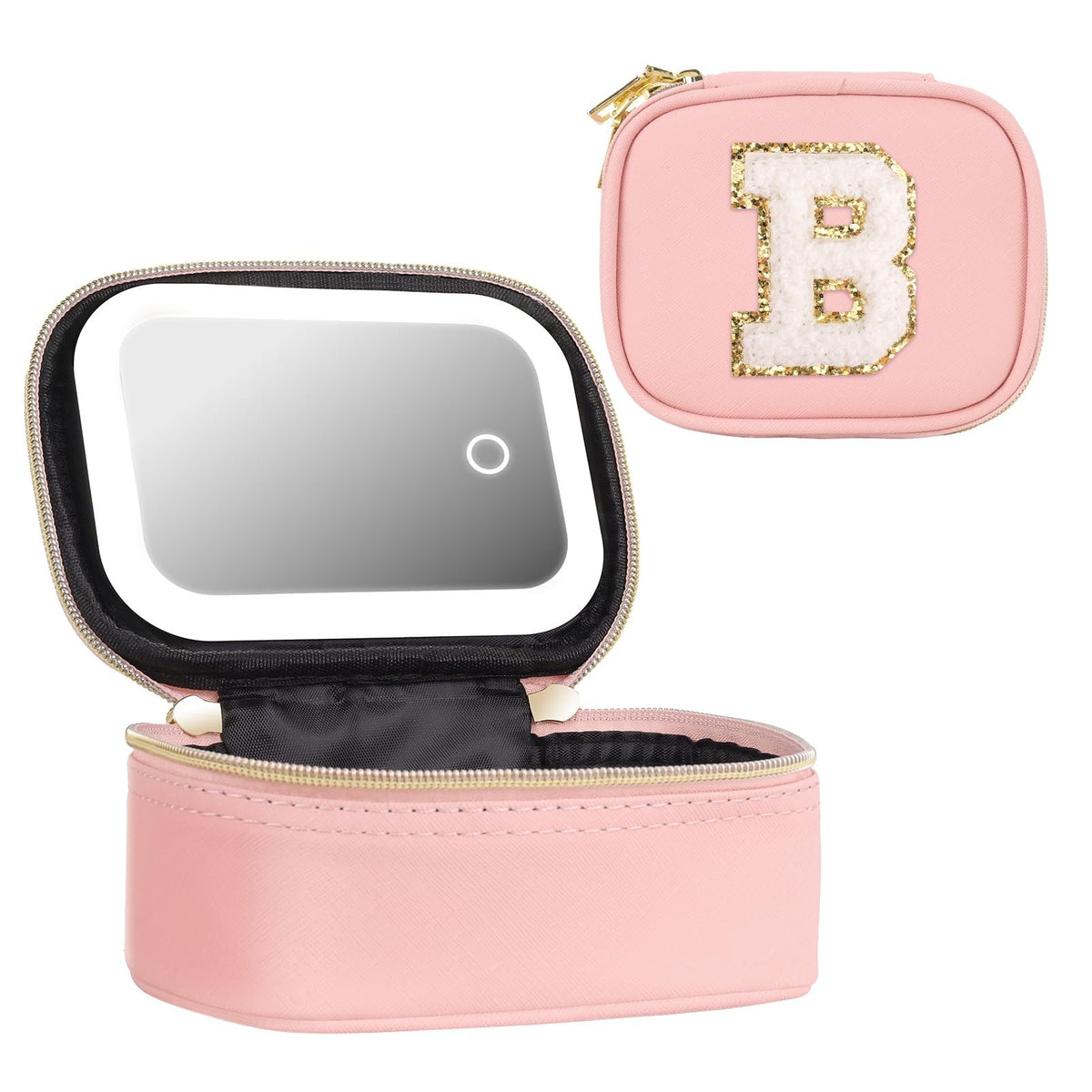 Mini Initial Makeup Bag with LED Mirror & Lights Gift for Women Girls