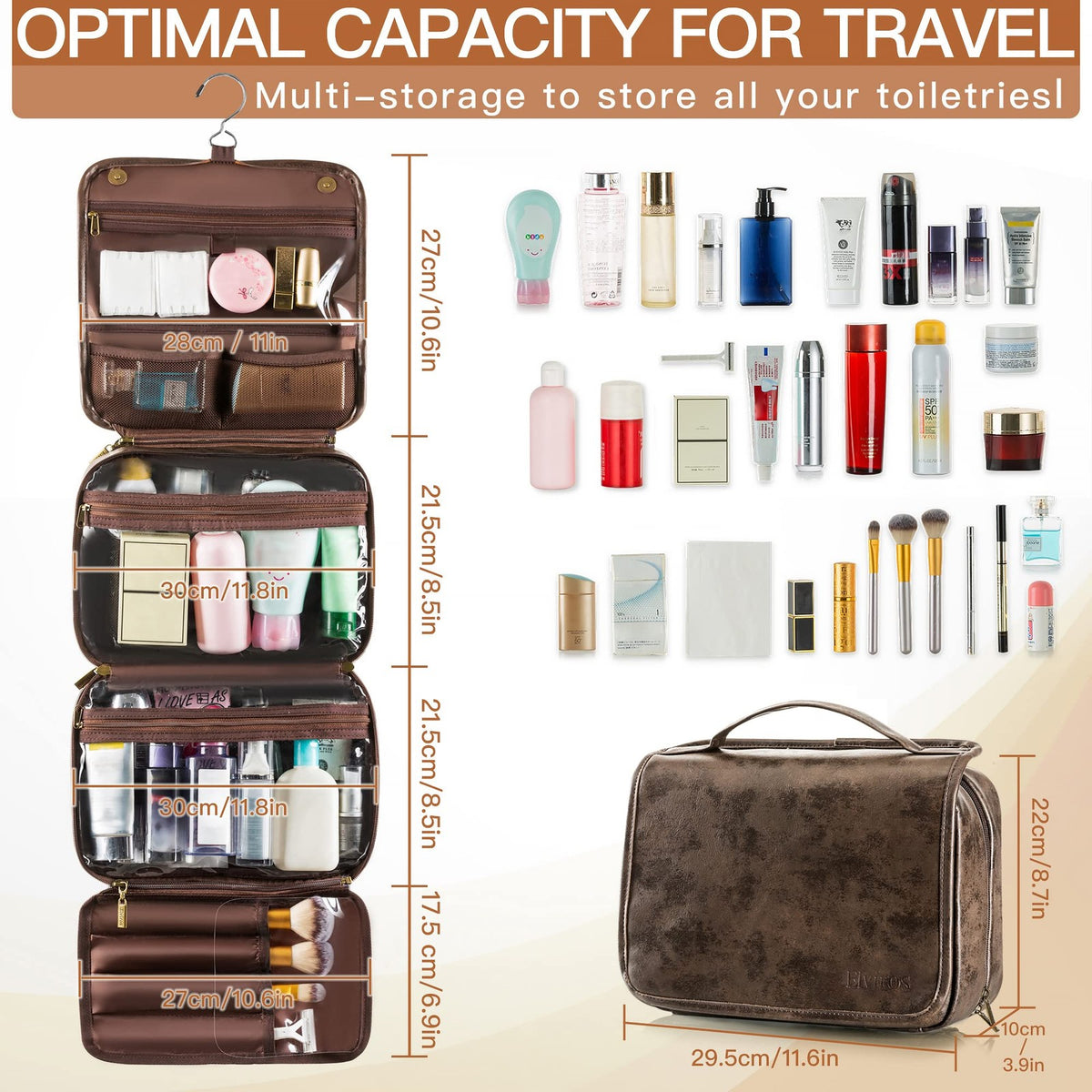 Travel Hanging Toiletry Bag with Removable Compartments - PU Leather Cosmetic Organizer