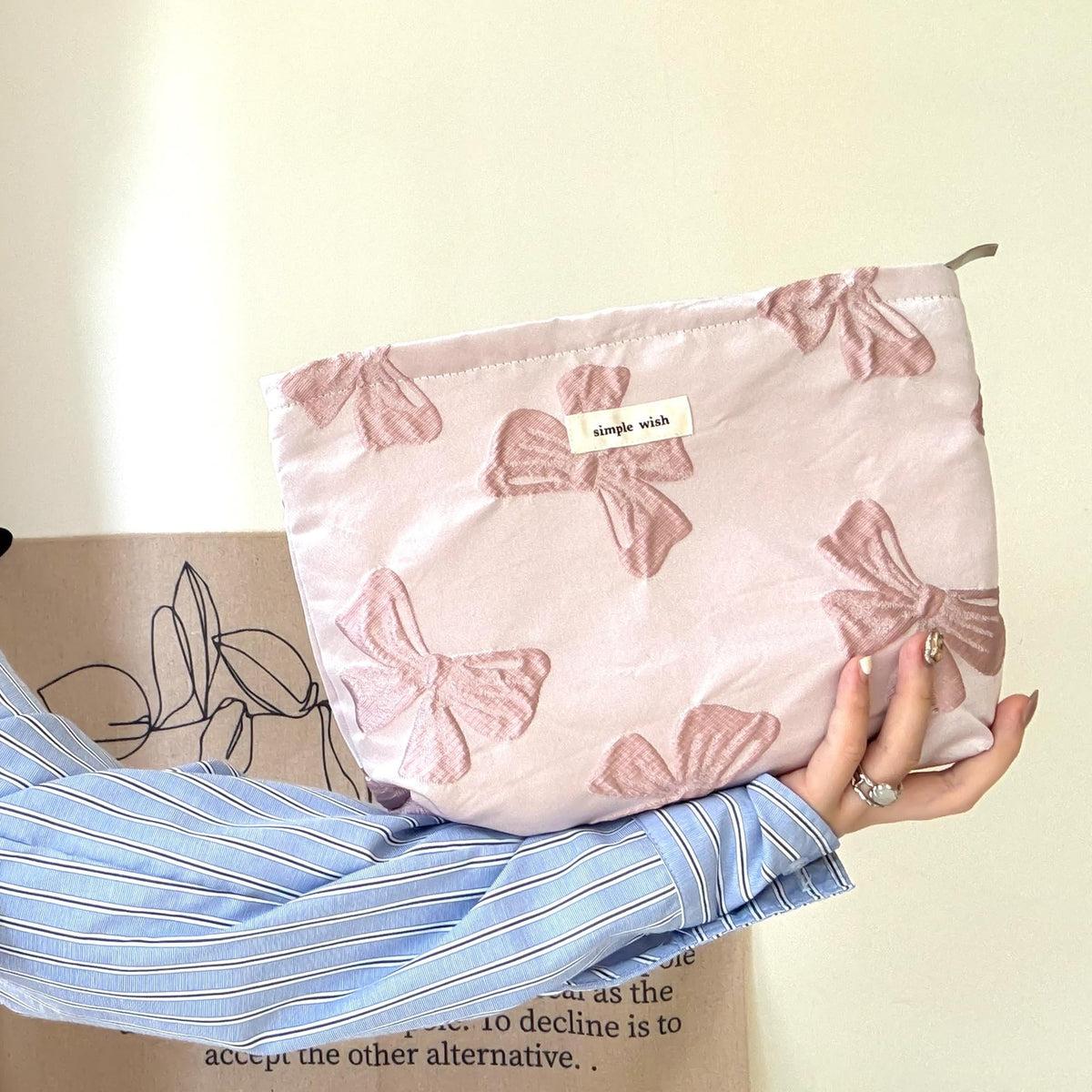Large Canvas Makeup & Toiletry Bag with Pink Bow - Travel Organizer for Women & Girls