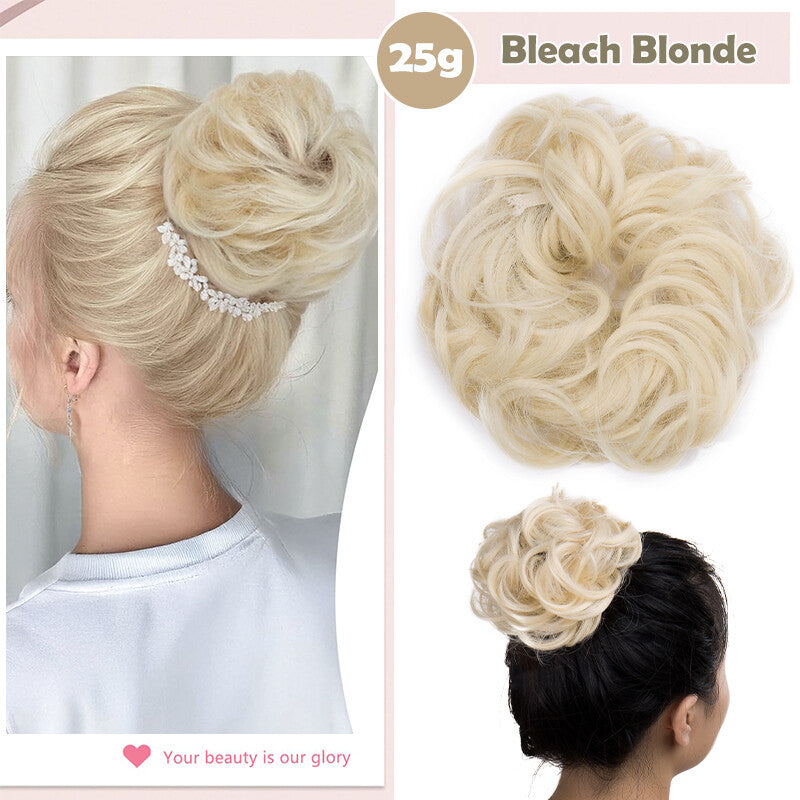 Natural Human Hair Messy Bun Ponytail Extensions with Curly Scrunchie Updo