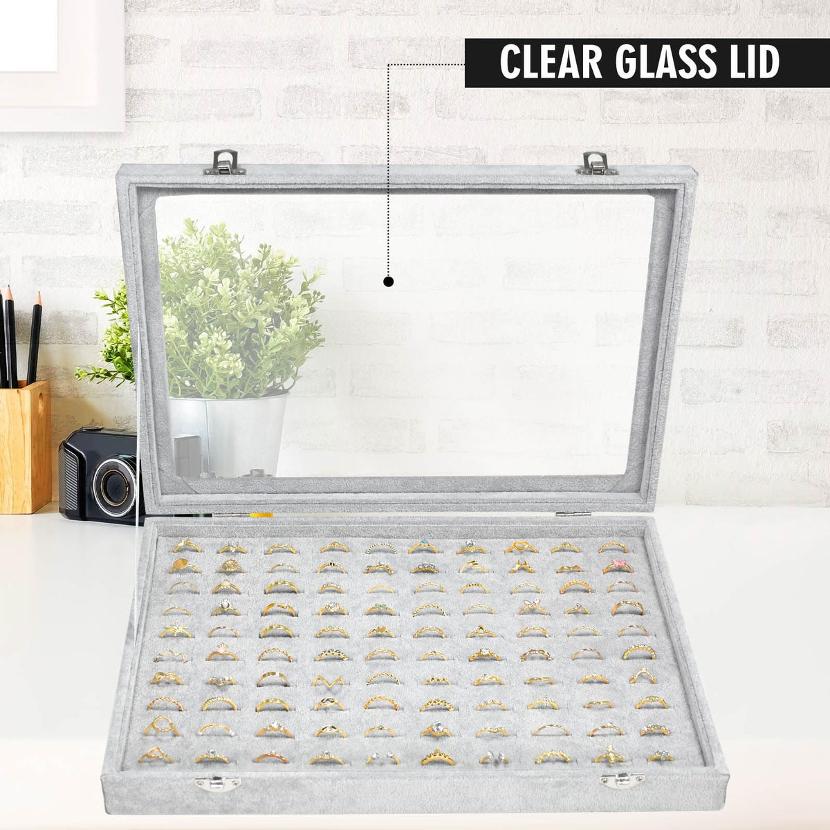 Jewelry Ring Display Organizer Case with Transparent Lid, Grey, Holds 100 Rings