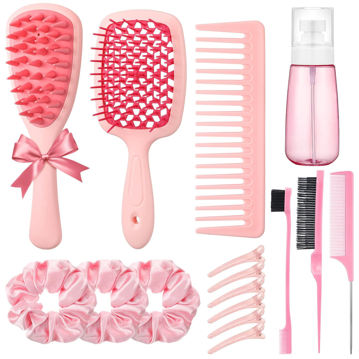 Pink Hair Brush Set for Women and Girls with Scalp Scrubber - 16 Pieces