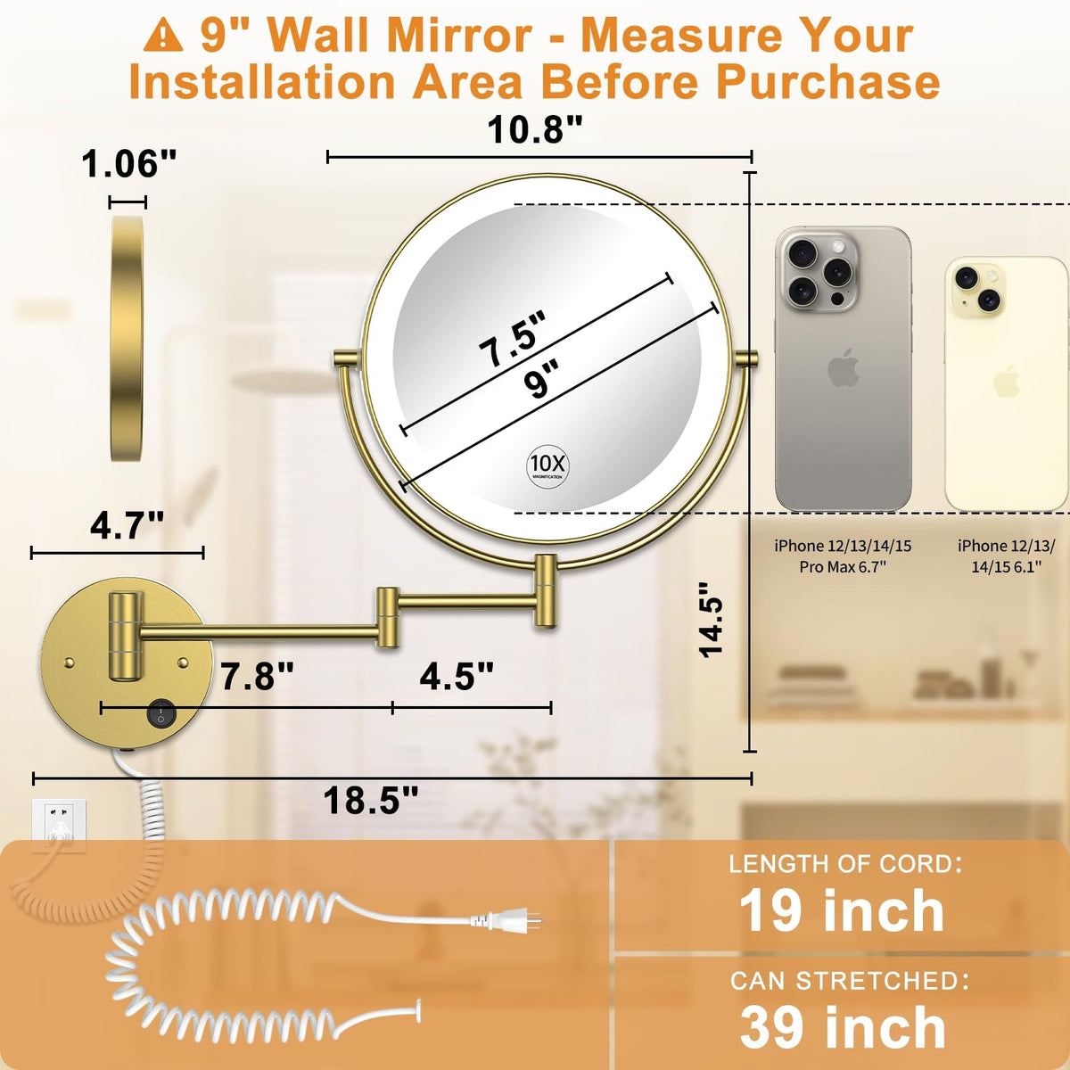 9-Inch Wall Mounted Lighted Makeup Mirror with 10X Magnification, LED Adjustable Brightness